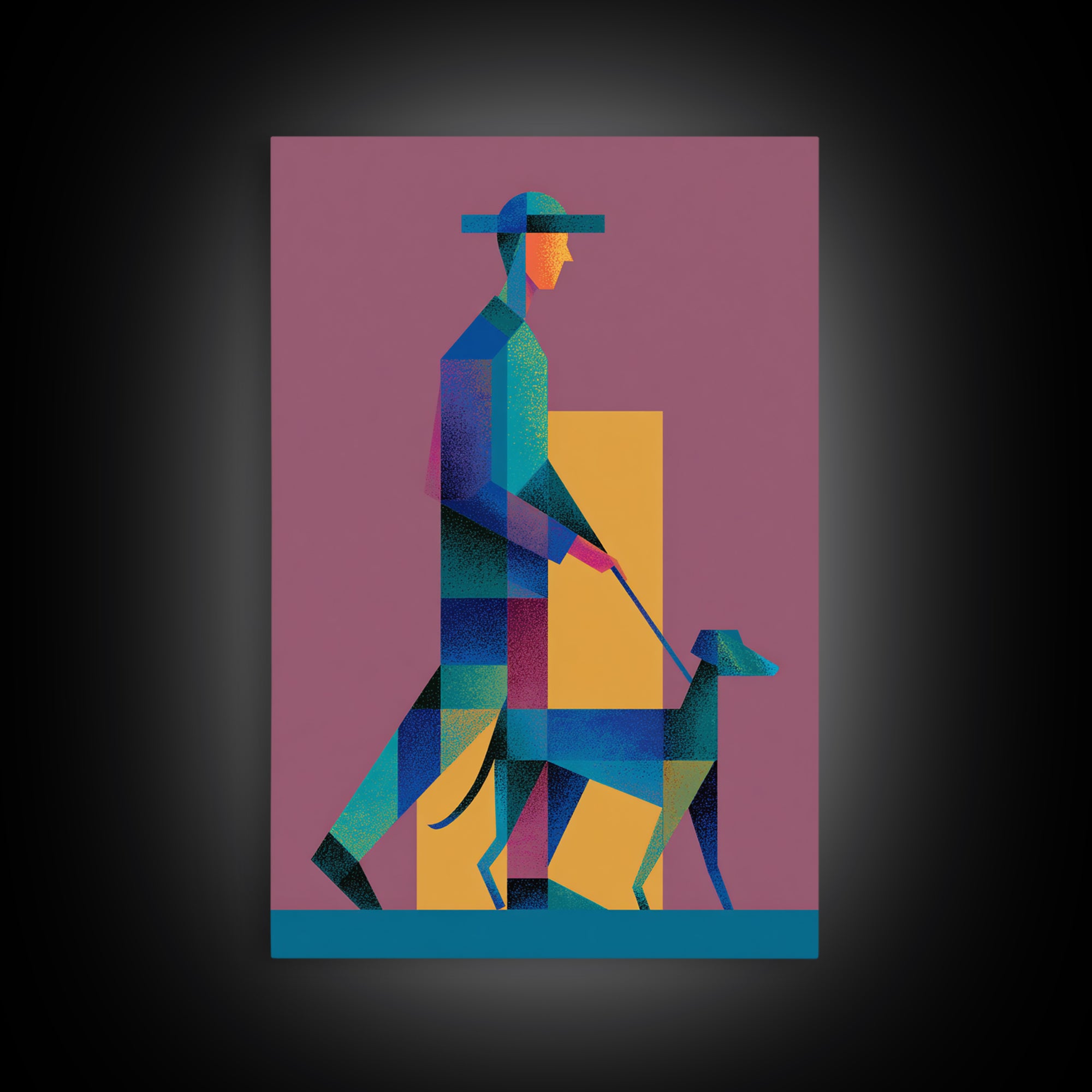 Geometric Man Walking Dog Canvas Print, Midcentury Modern Wall Art, Bauhaus Style Poster, Retro Pet Lover Home Decor Gift