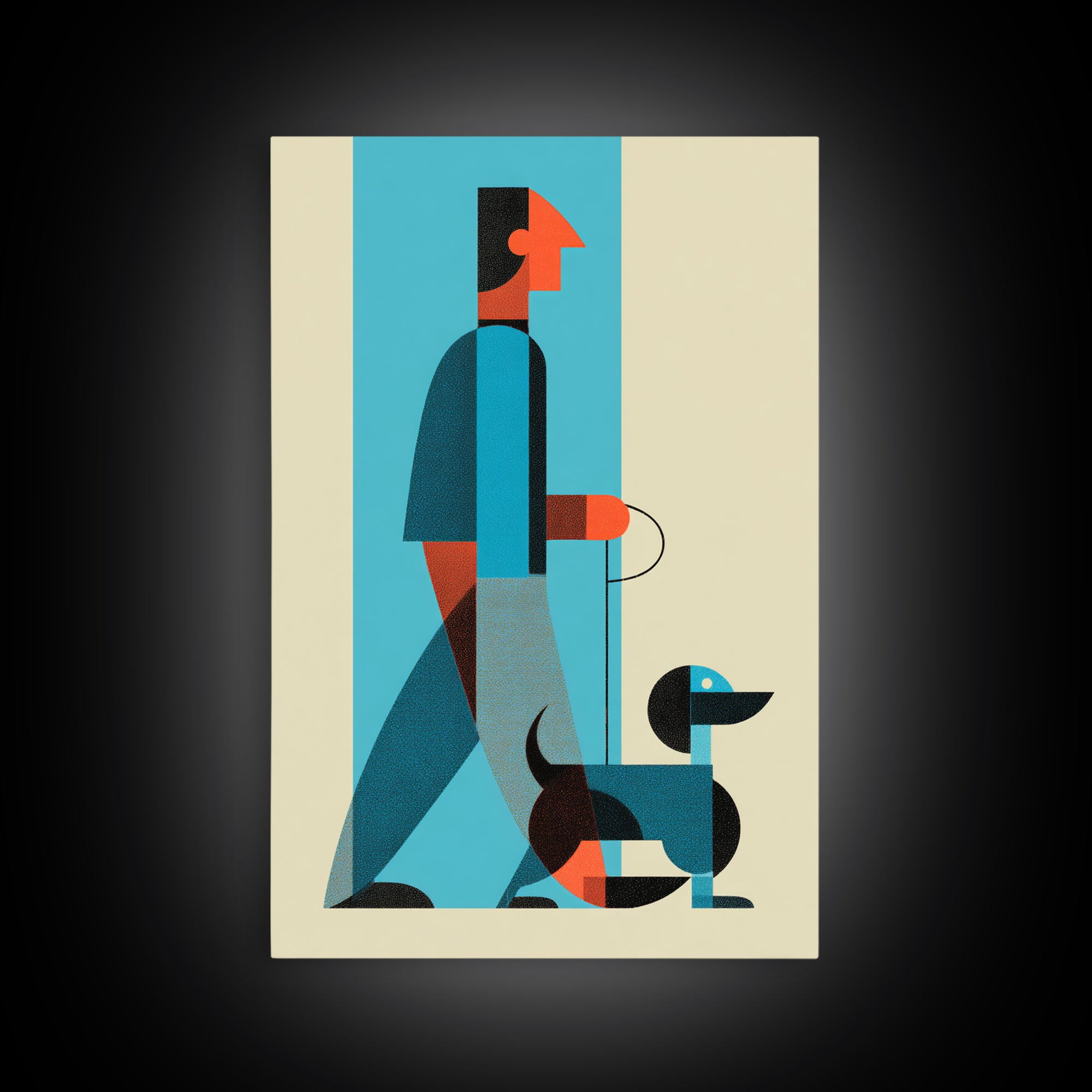 Midcentury Man With Dachshund Wall Art, Geometric Modern Art Print, Retro Dog Walker Poster, Minimalist Home Decor Gift For Dog Lovers