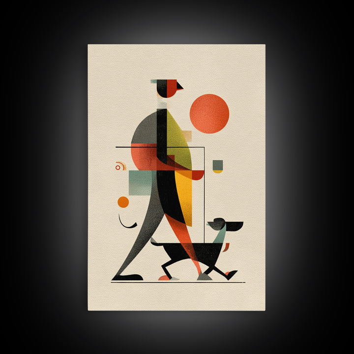 Bauhaus Man Walking Dog Framed Canvas Print, Midcentury Modern Wall Art, Geometric Sun Poster, Retro Home Office Decor Gift