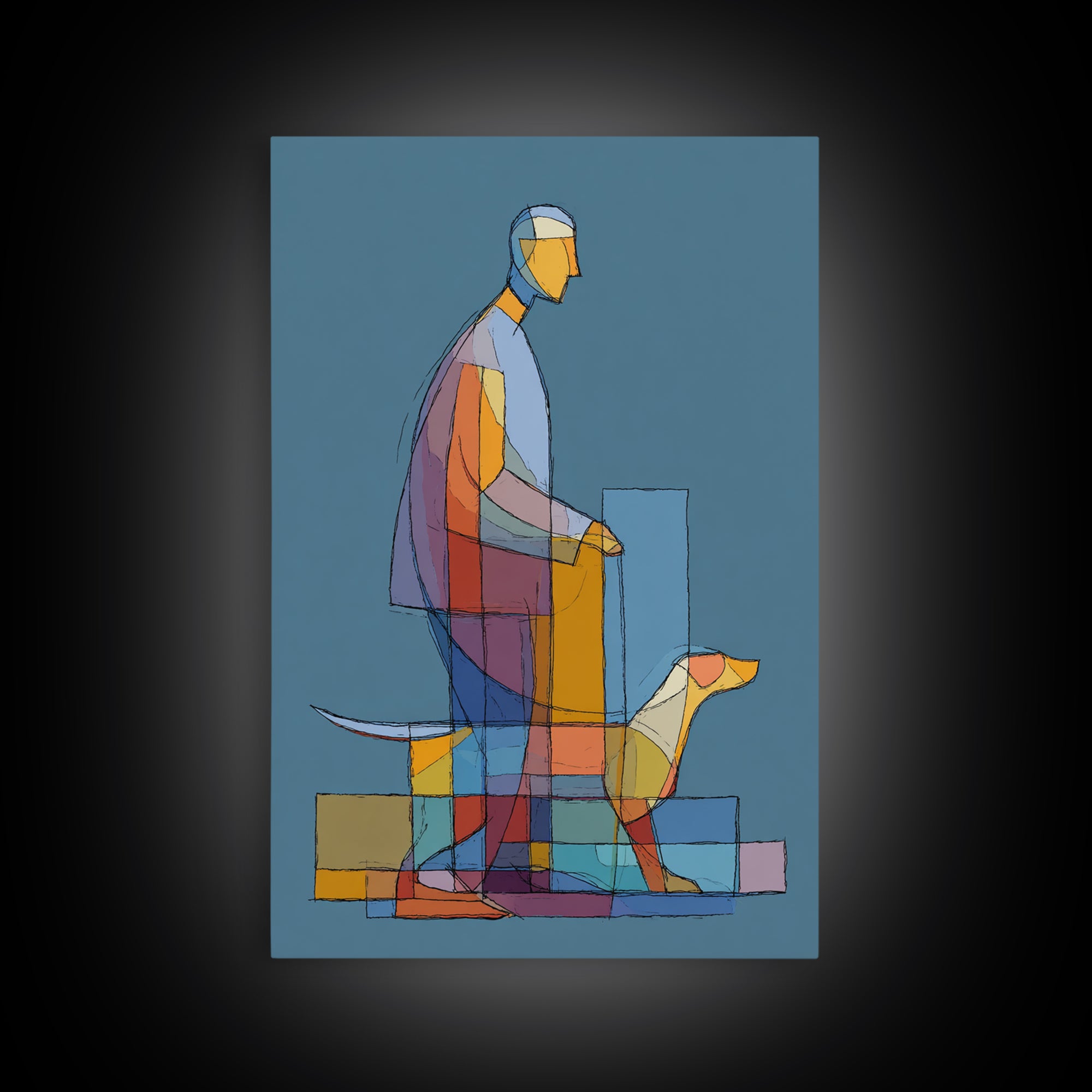 Transparent Geometric Man Dog Wall Art, Midcentury Modern Art Print, Abstract Line Drawing, Blue Bauhaus Living Room Decor