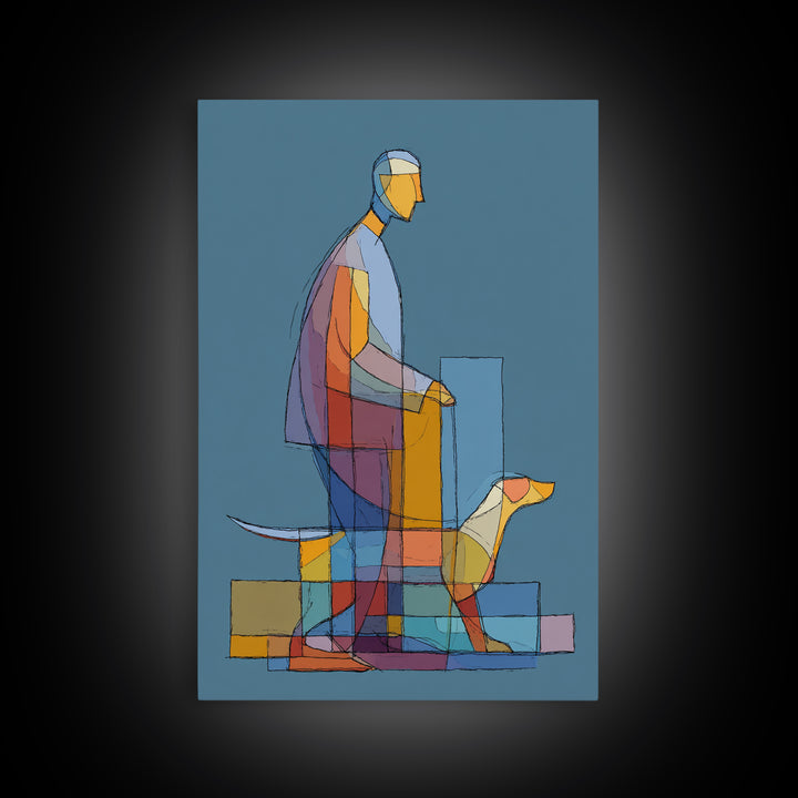 Transparent Geometric Man Dog Wall Art, Midcentury Modern Art Print, Abstract Line Drawing, Blue Bauhaus Living Room Decor