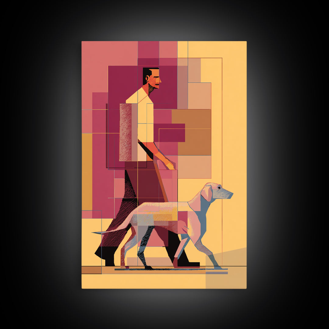Pastel Man Walking Dog Canvas Print, Midcentury Modern Wall Art, Geometric Pink Orange Poster, Contemporary Pet Decor Gift