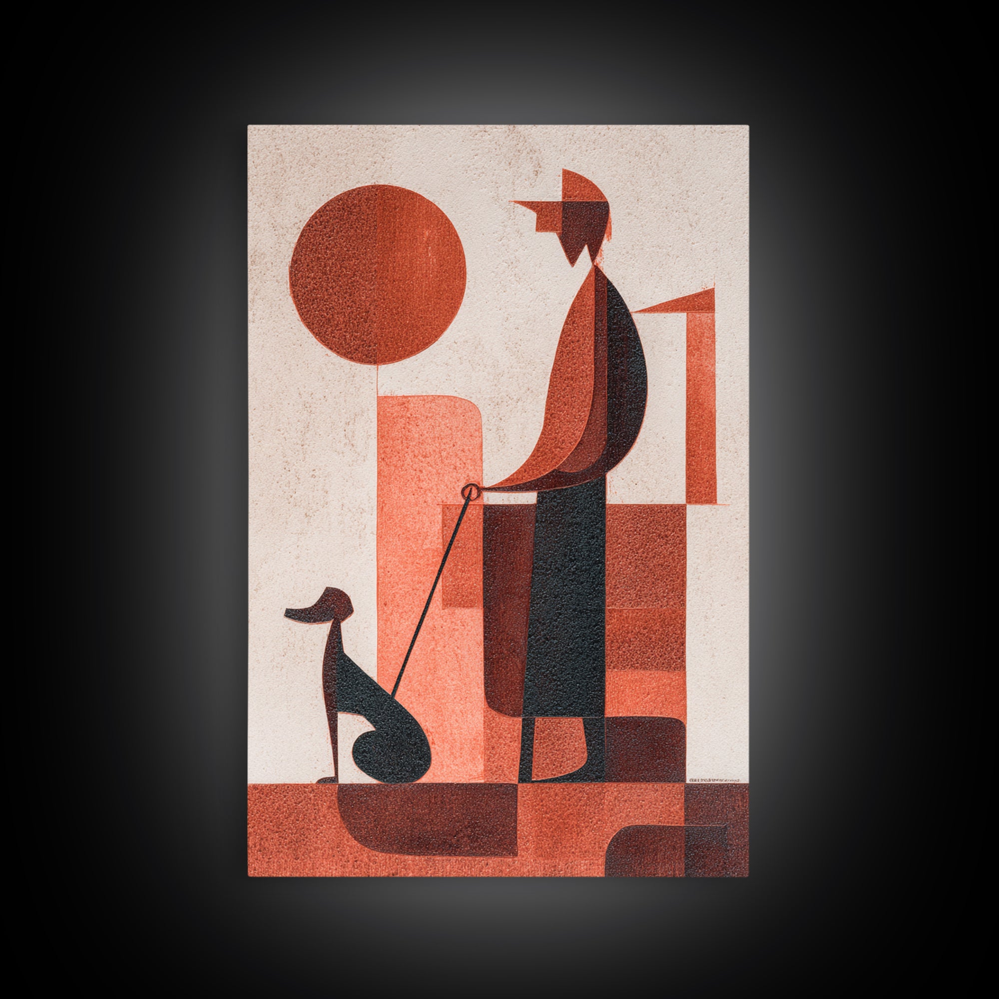 Retro Red Man With Dog Wall Art, Midcentury Modern Art Print, Geometric Sun Poster, Burnt Orange Home Decor Gift For Him