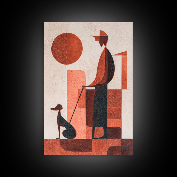 Retro Red Man With Dog Wall Art, Midcentury Modern Art Print, Geometric Sun Poster, Burnt Orange Home Decor Gift For Him