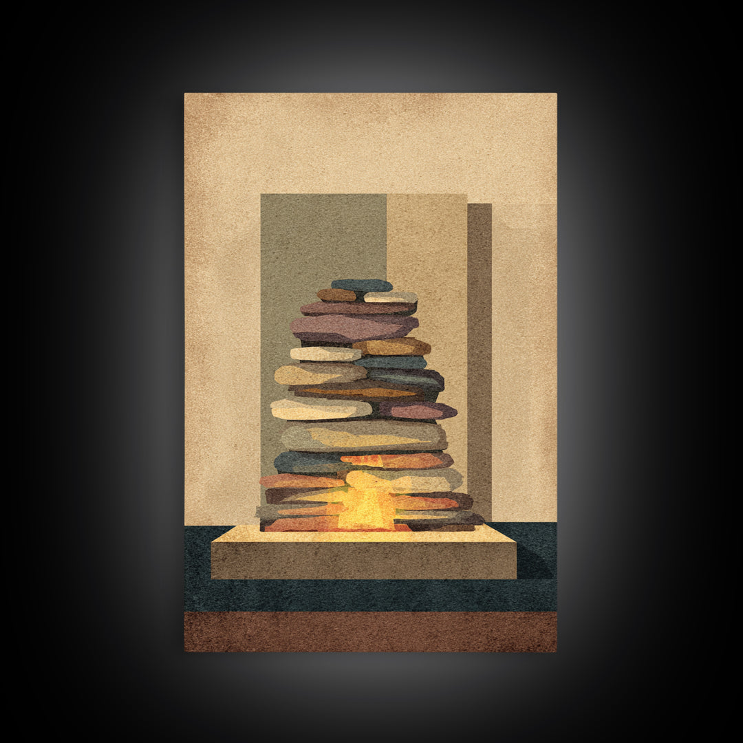 Stacked Stone Hearth With Glowing Fire Wall Art, Midcentury Modern Abstract Print, MCM Decor, Earth Tone Living Room Wall Decor