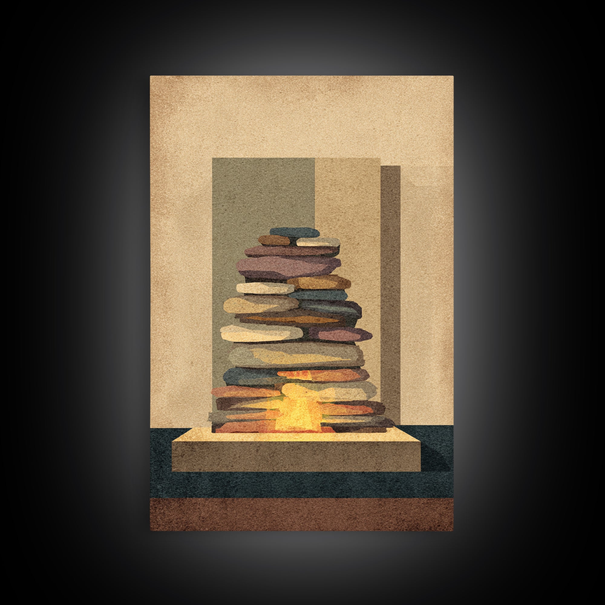 Stacked Stone Hearth With Glowing Fire Wall Art, Midcentury Modern Abstract Print, MCM Decor, Earth Tone Living Room Wall Decor