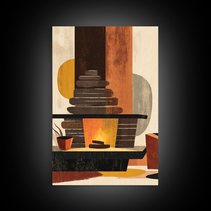 Retro Fireplace And Plant Canvas Print, Midcentury Modern Wall Art, Atomic Ranch Decor, Orange Teal Living Room Poster Prints
