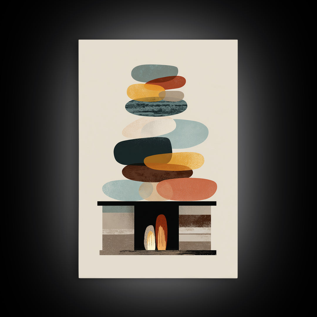 Balanced Pebble Stack Over Fireplace Framed Canvas Print, Midcentury Abstract Wall Art, Neutral MCM Decor, Colorful Home Art