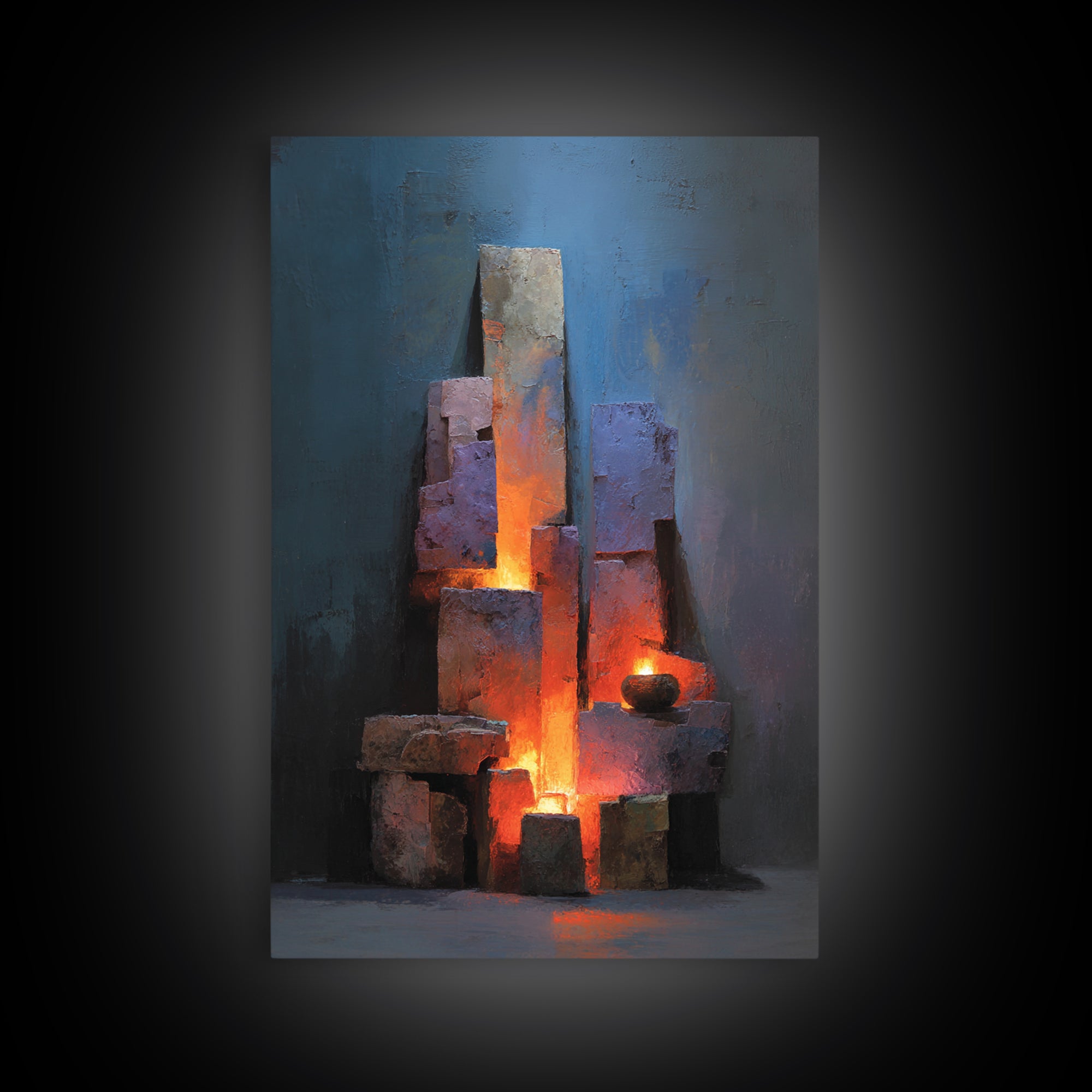 Glowing Brutalist Blocks And Candle Wall Art, Modern Abstract Art Print, Moody Blue Orange Decor, Industrial Home Office Poster