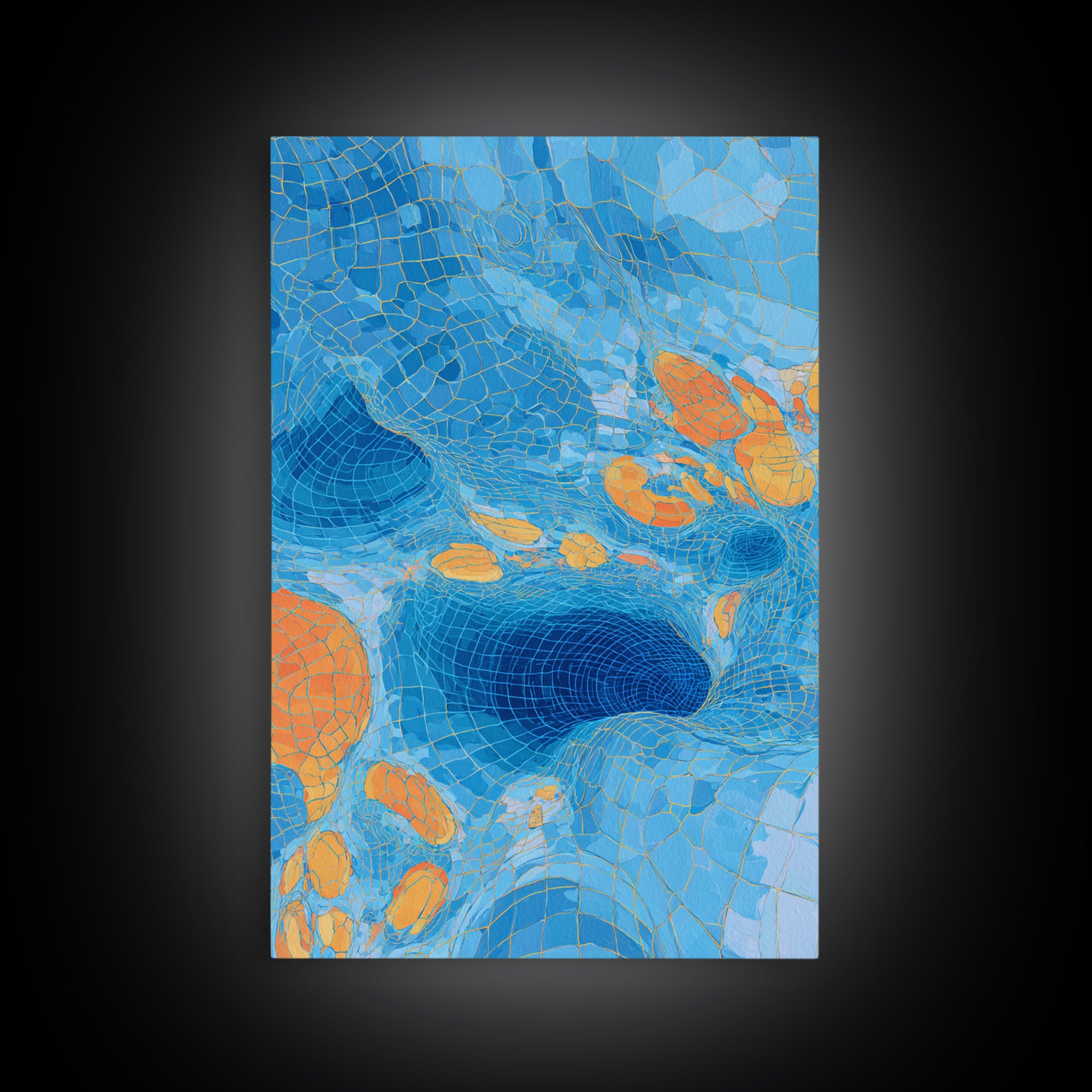 Blue Orange Warped Mosaic Grid Canvas Print, Modern Abstract Art, Op Art Wall Decor, Geometric Wall Art For Living Room Decor