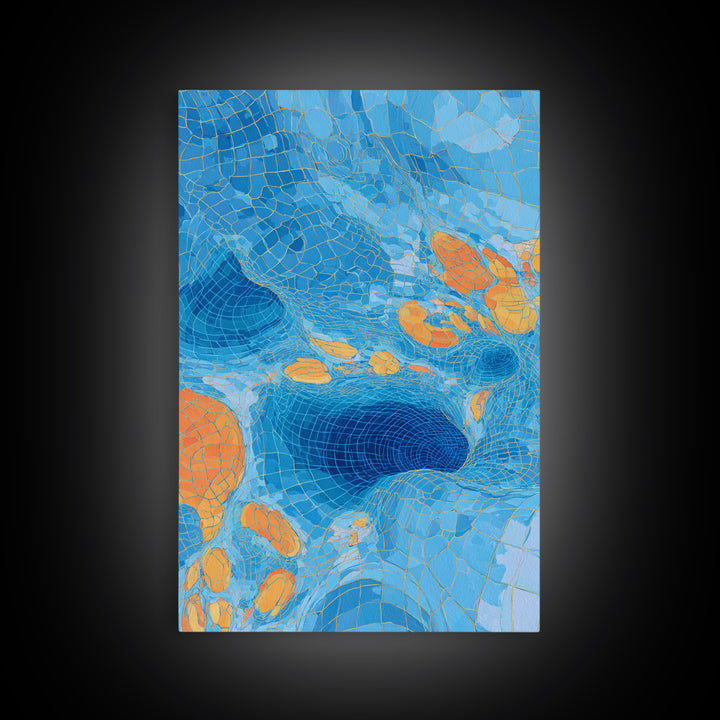 Blue Orange Warped Mosaic Grid Canvas Print, Modern Abstract Art, Op Art Wall Decor, Geometric Wall Art For Living Room Decor