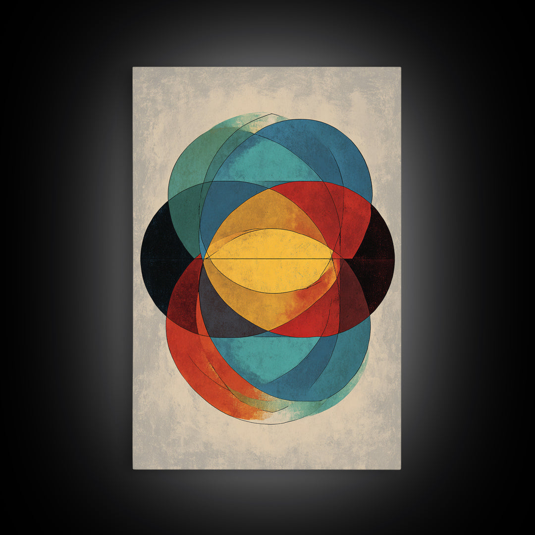 Overlapping Circles Geometric Wall Art, Midcentury Modern Abstract Canvas Print, Bauhaus Style Colorful Home Decor Poster