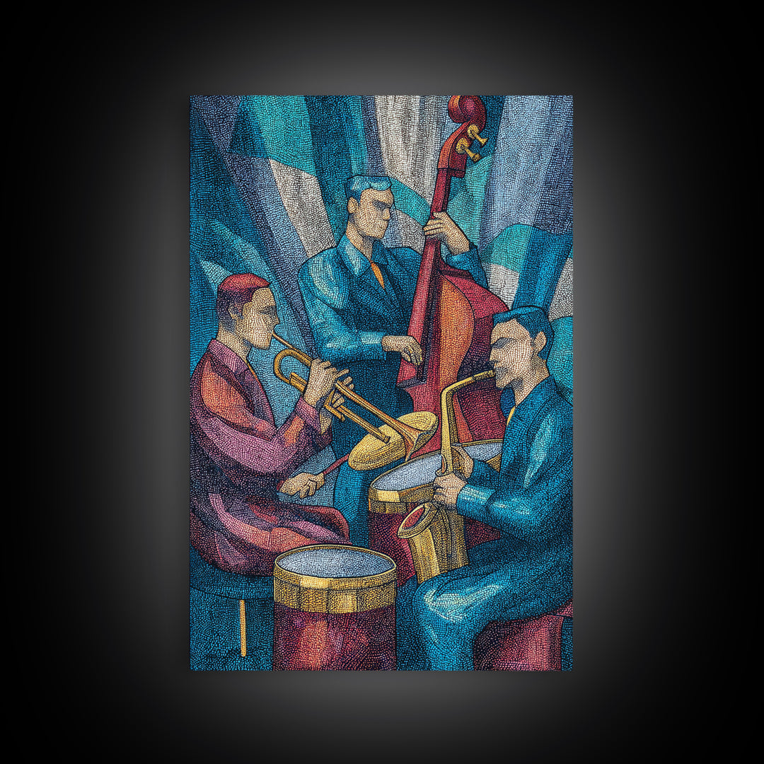 Colorful Jazz Band Trumpet Bass Drums Framed Canvas Print, Midcentury Modern Wall Art, Music Room Decor, Retro Poster Gift