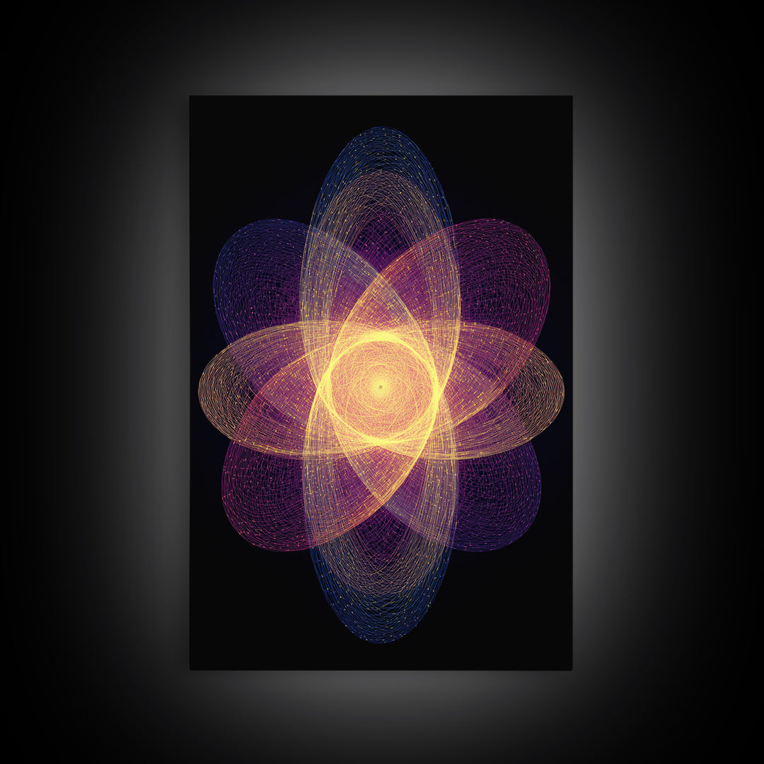 Radiant Purple Gold Atomic Flower Framed Canvas Print, Midcentury Modern Wall Art, Cosmic Geometric Art, Retro Decor Poster