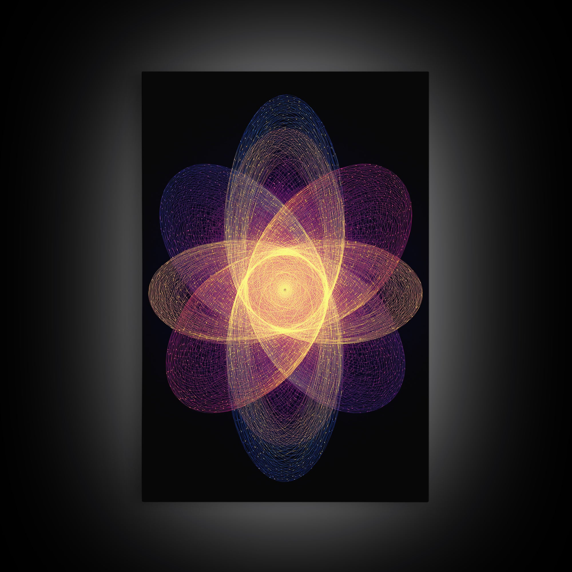 Radiant Purple Gold Atomic Flower Framed Canvas Print, Midcentury Modern Wall Art, Cosmic Geometric Art, Retro Decor Poster
