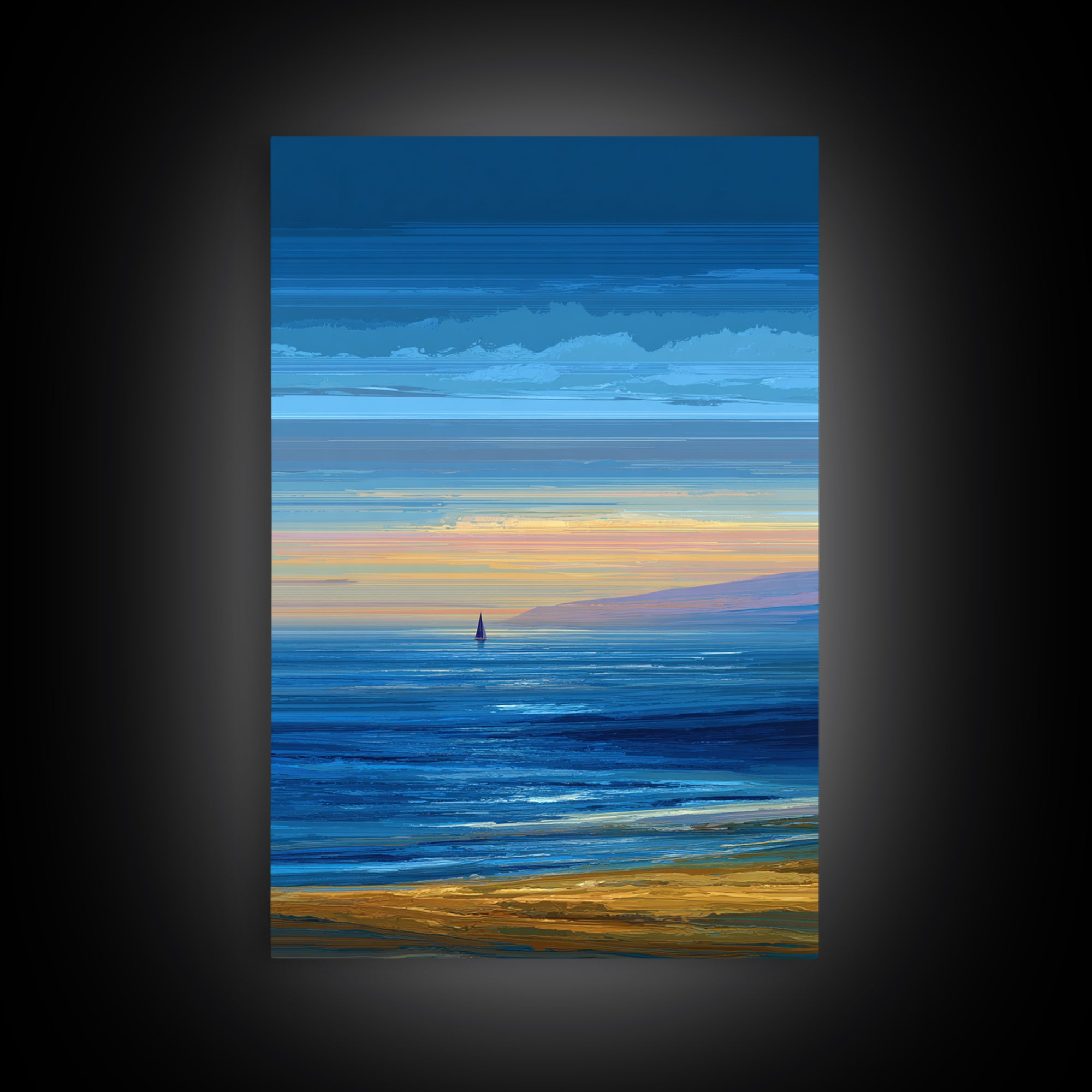 Blue Coastal Sunset Sailboat Framed Canvas Print, Ocean Beach Wall Art, Modern Landscape Art, Nautical Living Room Decor