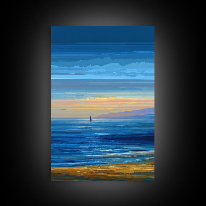 Blue Coastal Sunset Sailboat Framed Canvas Print, Ocean Beach Wall Art, Modern Landscape Art, Nautical Living Room Decor