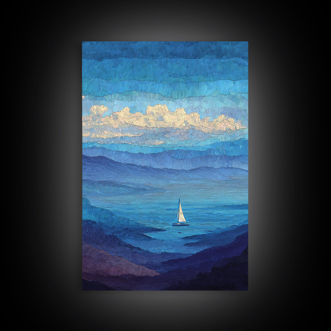 Textured Blue Mountain Lake Sailboat Wall Art, Scenic Coastal Landscape Print, Modern Home Decor, Peaceful Nature Artwork