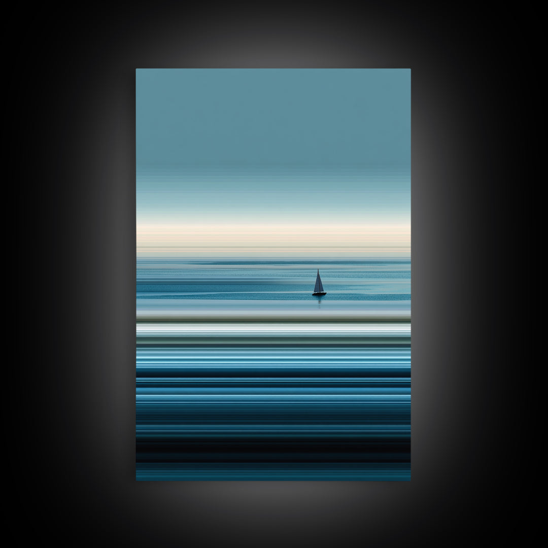 Minimalist Calm Sea Sailboat Canvas Print, Blue Horizontal Ocean Wall Art, Modern Coastal Decor, Serene Home Office Art Print