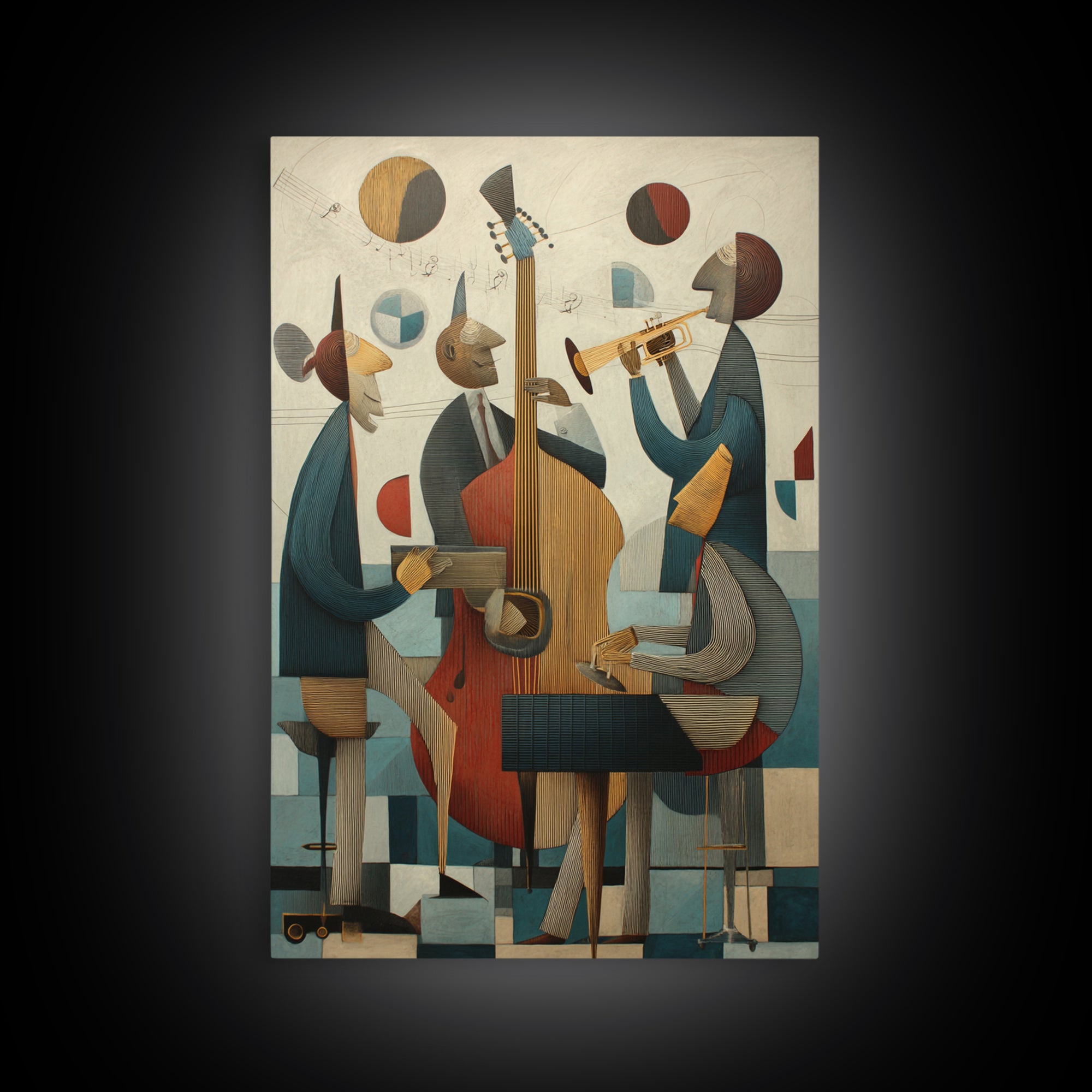 Cubist Jazz Trio With Upright Bass And Trumpet Wall Art, Midcentury Modern Art Print, Music Room Decor, Framed Canvas Print