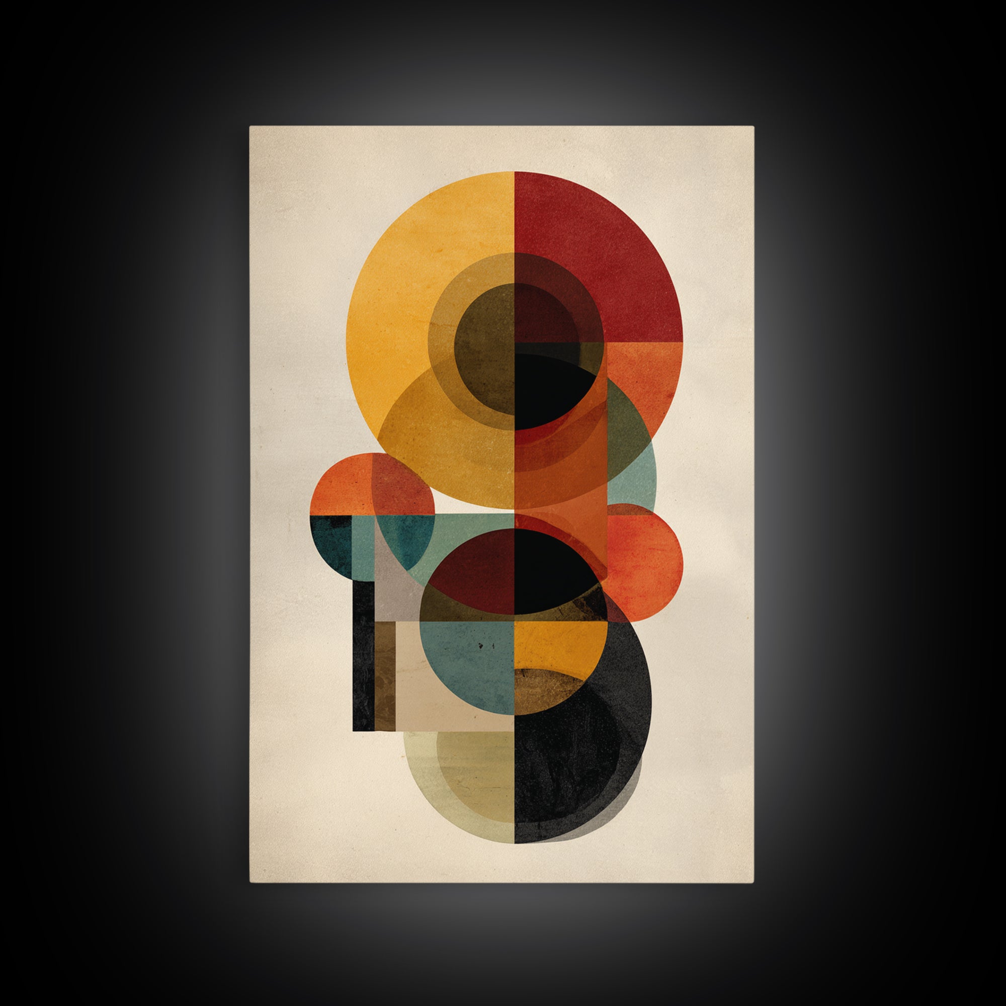 Ochre Red Teal Circle Abstract Framed Canvas Print, Midcentury Modern Wall Art, Geometric Bauhaus Home Decor Poster Print Gift