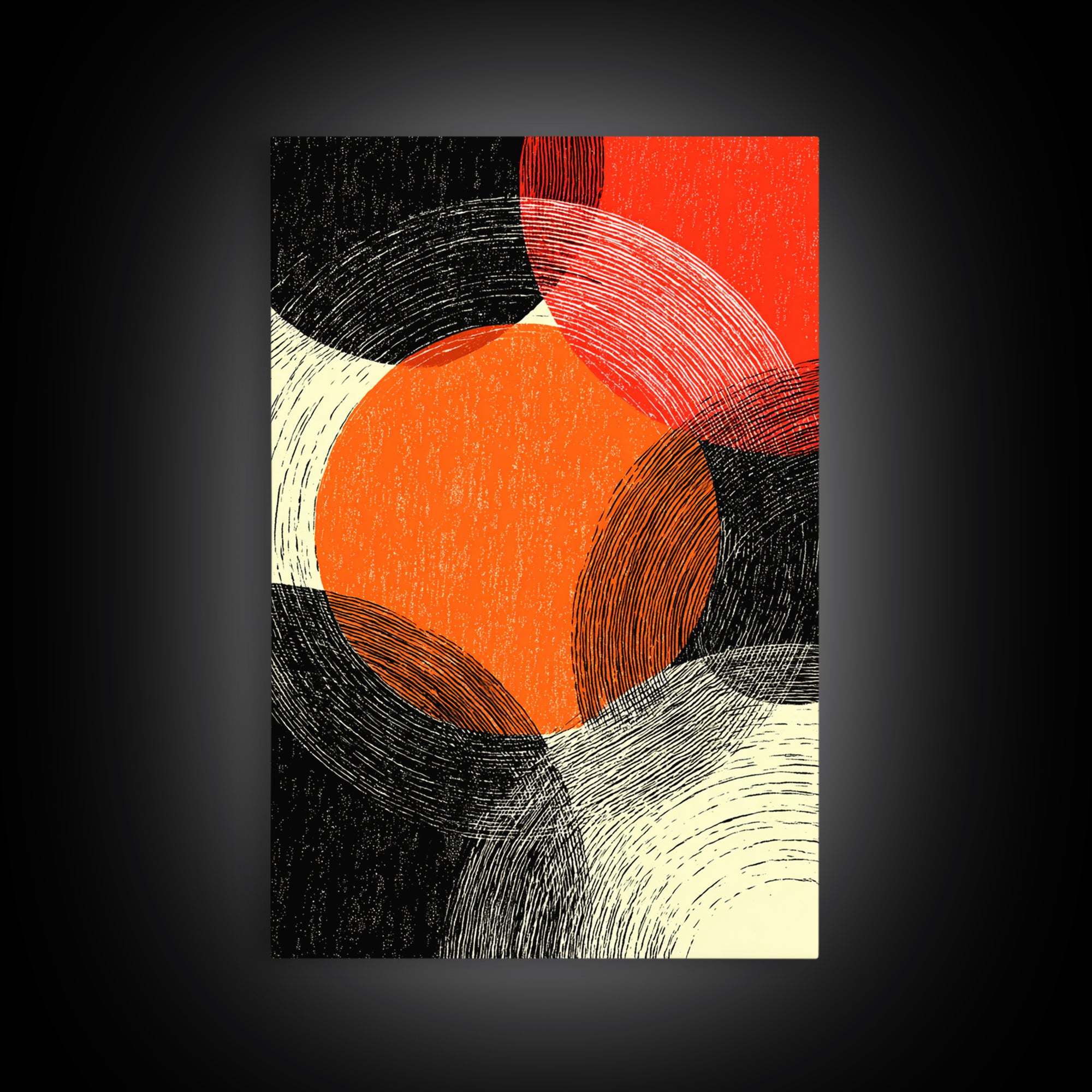 Orange Red Linear Circles Canvas Print, Midcentury Abstract Art, Retro Geometric Wall Decor, Bold Modern MCM Poster, Home Decor