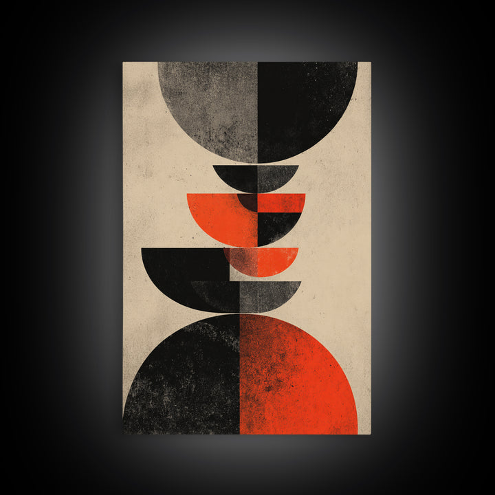 Stacked Red Black Semicircle Canvas Print, Midcentury Modern Abstract Art, Geometric Bauhaus Poster, Minimalist Decor For Living Room