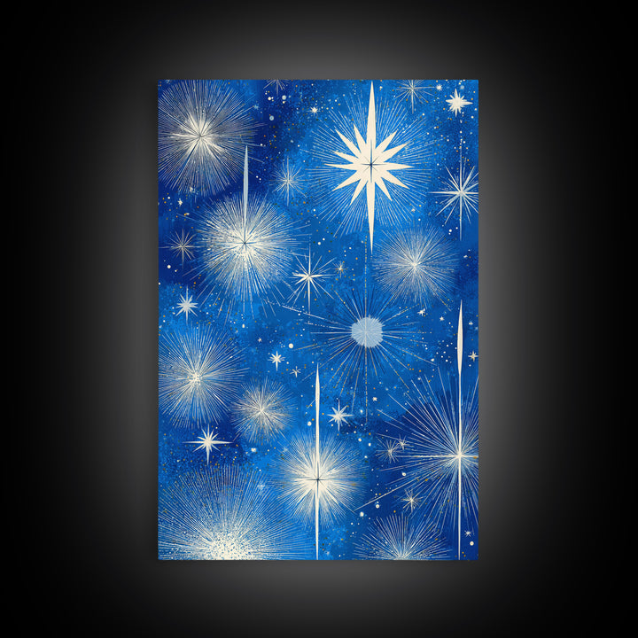 Blue Atomic Starburst Sky Wall Art, Midcentury Modern Celestial Print, Retro Space Poster, Minimalist MCM Home Decor, Blue And White