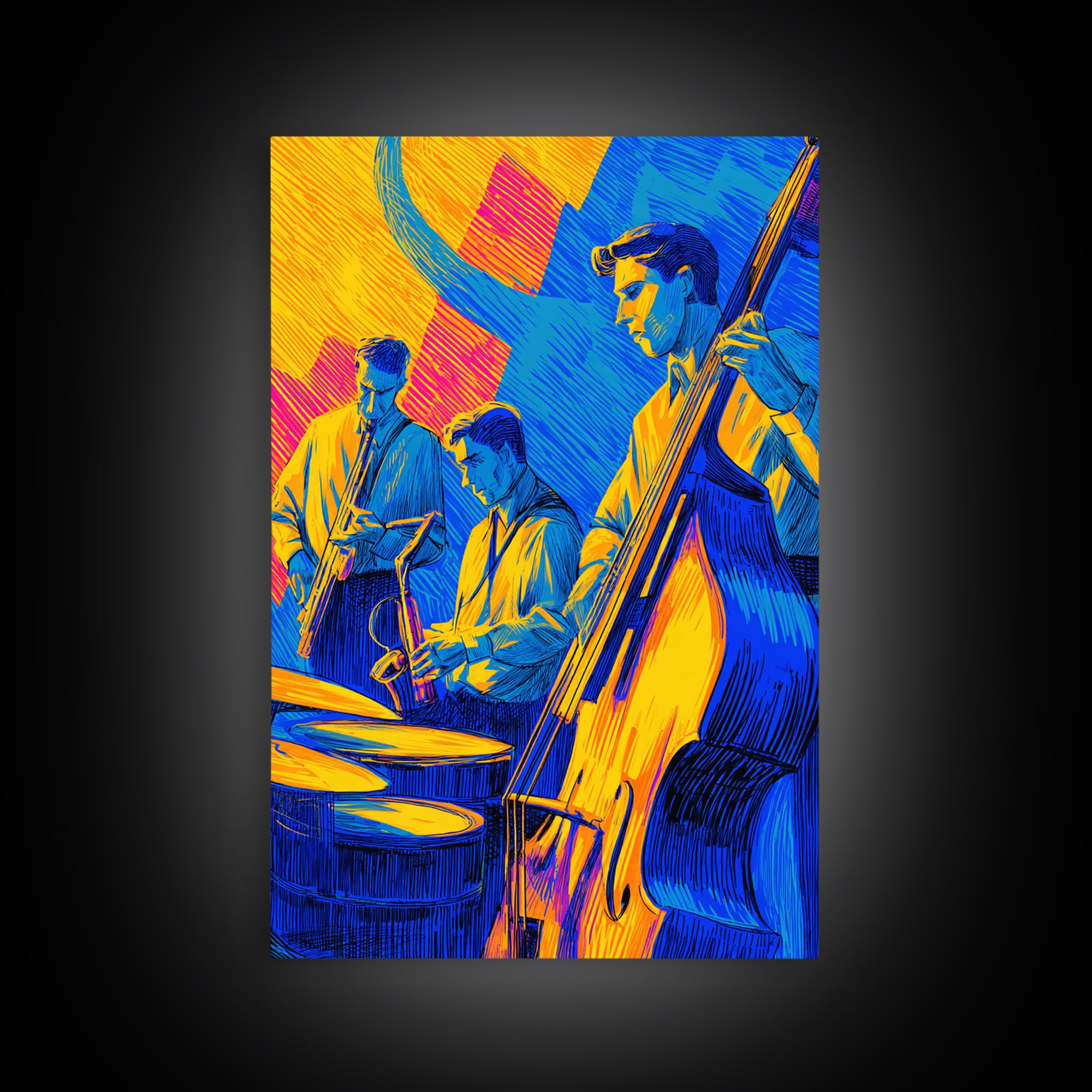 Neon Blue Yellow Jazz Trio Canvas Print, Bold Modern Wall Art, Colorful Music Poster, Midcentury Decor, Large Art Print Gift