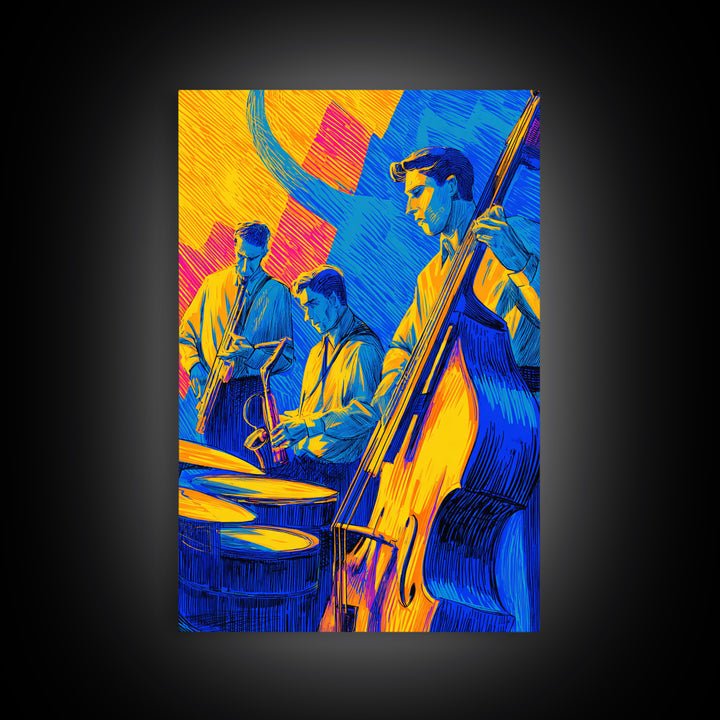 Neon Blue Yellow Jazz Trio Canvas Print, Bold Modern Wall Art, Colorful Music Poster, Midcentury Decor, Large Art Print Gift