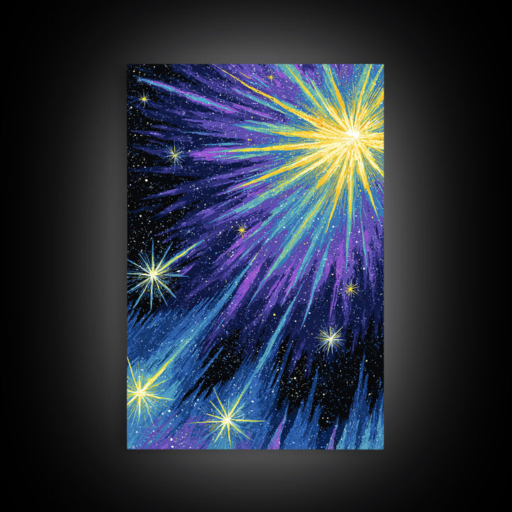 Radiant Comet Starburst Night Sky Framed Canvas Print, Cosmic Retro Wall Art, Space Abstract Art, Modern Home Decor, Gallery Wall Art