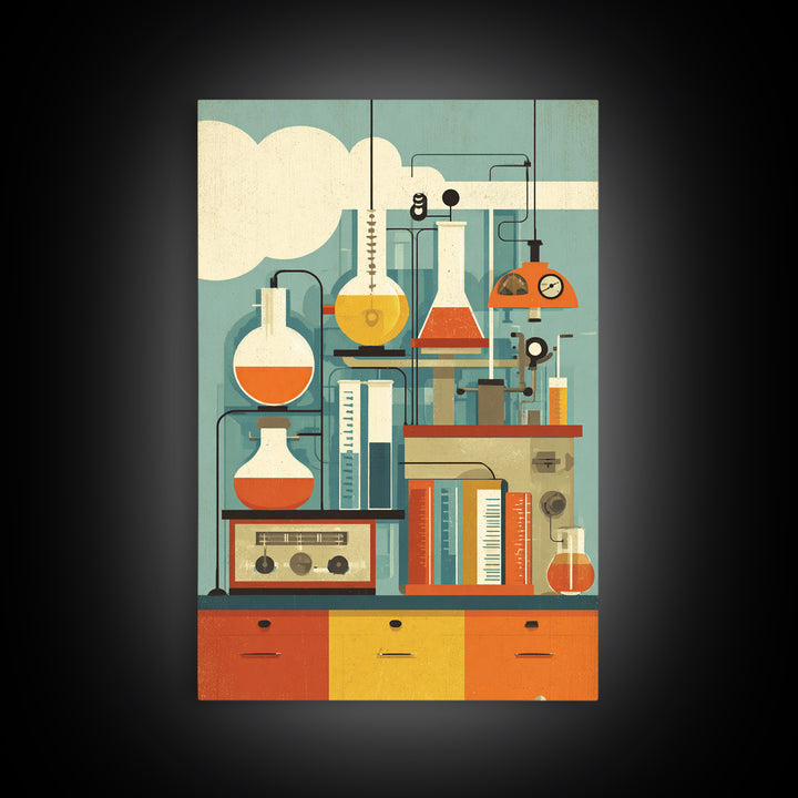 Midcentury Science Lab Beakers Canvas Print, Retro Chemistry Wall Art, Atomic Modern Decor, Office Poster, Orange MCM Art