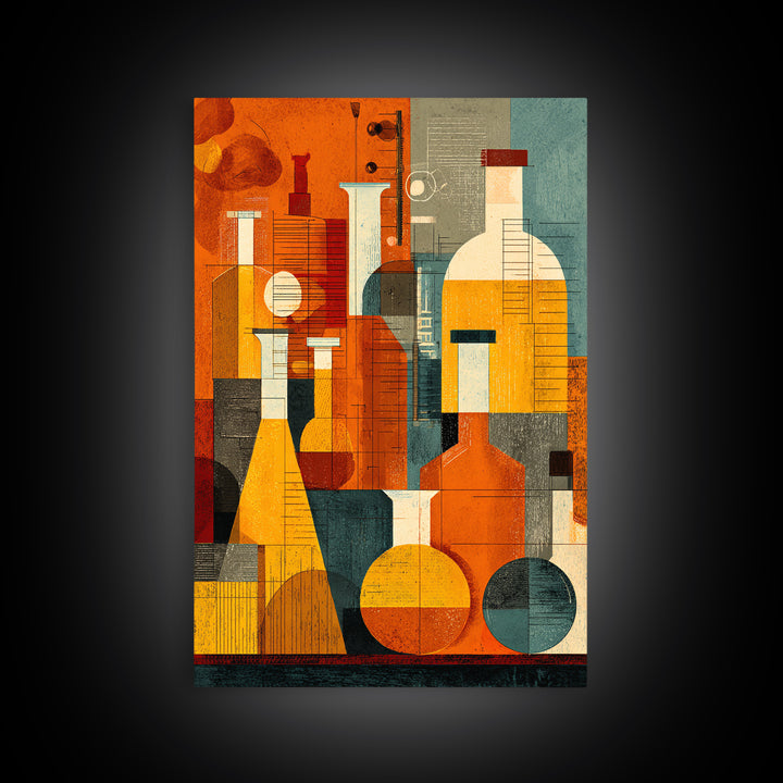Abstract Chemistry Bottles Wall Art, Midcentury Modern Canvas Print, Atomic Science Poster, Orange Teal Office Decor, MCM Decor