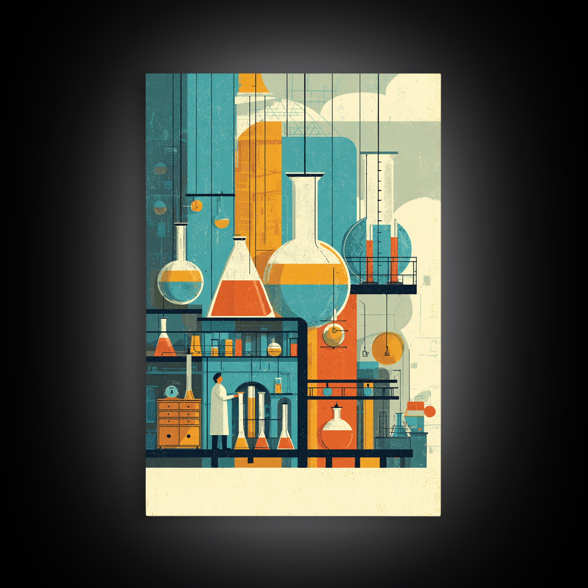 Towering Science Lab Glassware Wall Art, Midcentury Modern Canvas Print, Retro Chemistry Poster, Atomic Office Decor, MCM Art