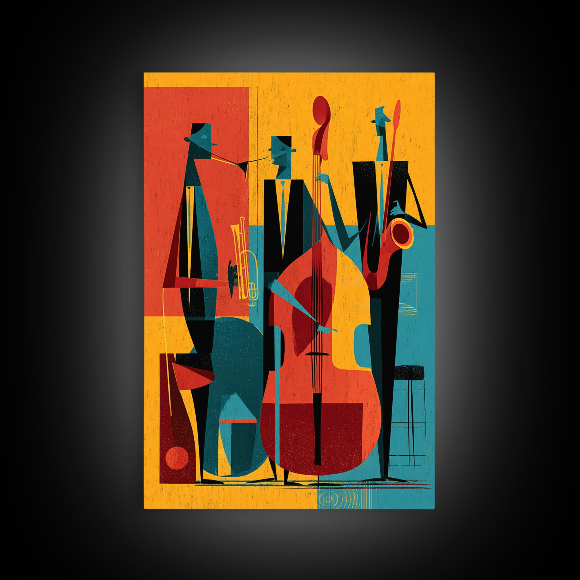 Retro Abstract Jazz Band With Bass And Saxophone Wall Art, Midcentury Modern Poster, Orange Teal Decor, Framed Canvas Print