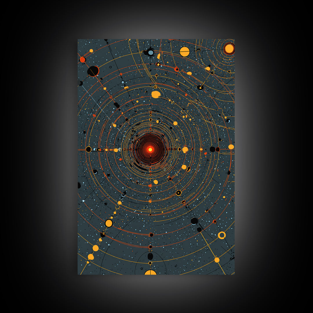 Orange Orbital Solar System Canvas Print, Midcentury Space Wall Art, Atomic Retro Poster, Modern Office Decor, Sci Fi Art