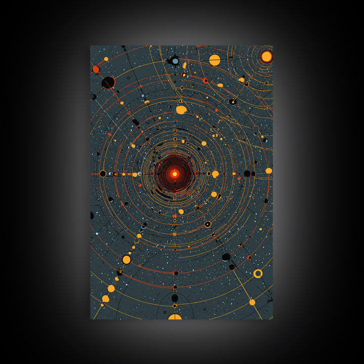 Orange Orbital Solar System Canvas Print, Midcentury Space Wall Art, Atomic Retro Poster, Modern Office Decor, Sci Fi Art