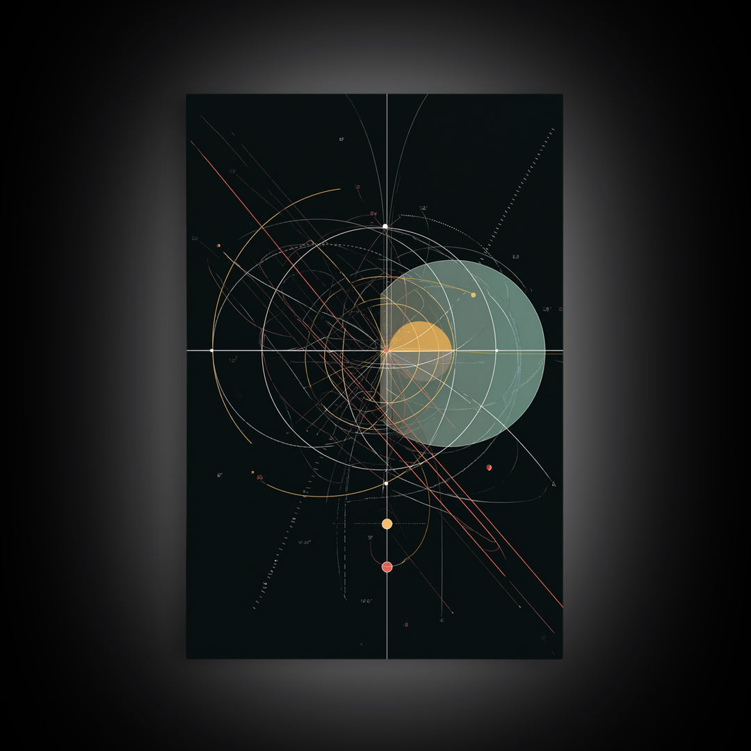 Black Celestial Geometry Diagram Canvas Print, Modern Abstract Art Print, Geometric Wall Art, Atomic Space Office Decor Poster
