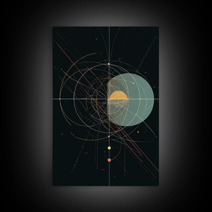 Black Celestial Geometry Diagram Canvas Print, Modern Abstract Art Print, Geometric Wall Art, Atomic Space Office Decor Poster