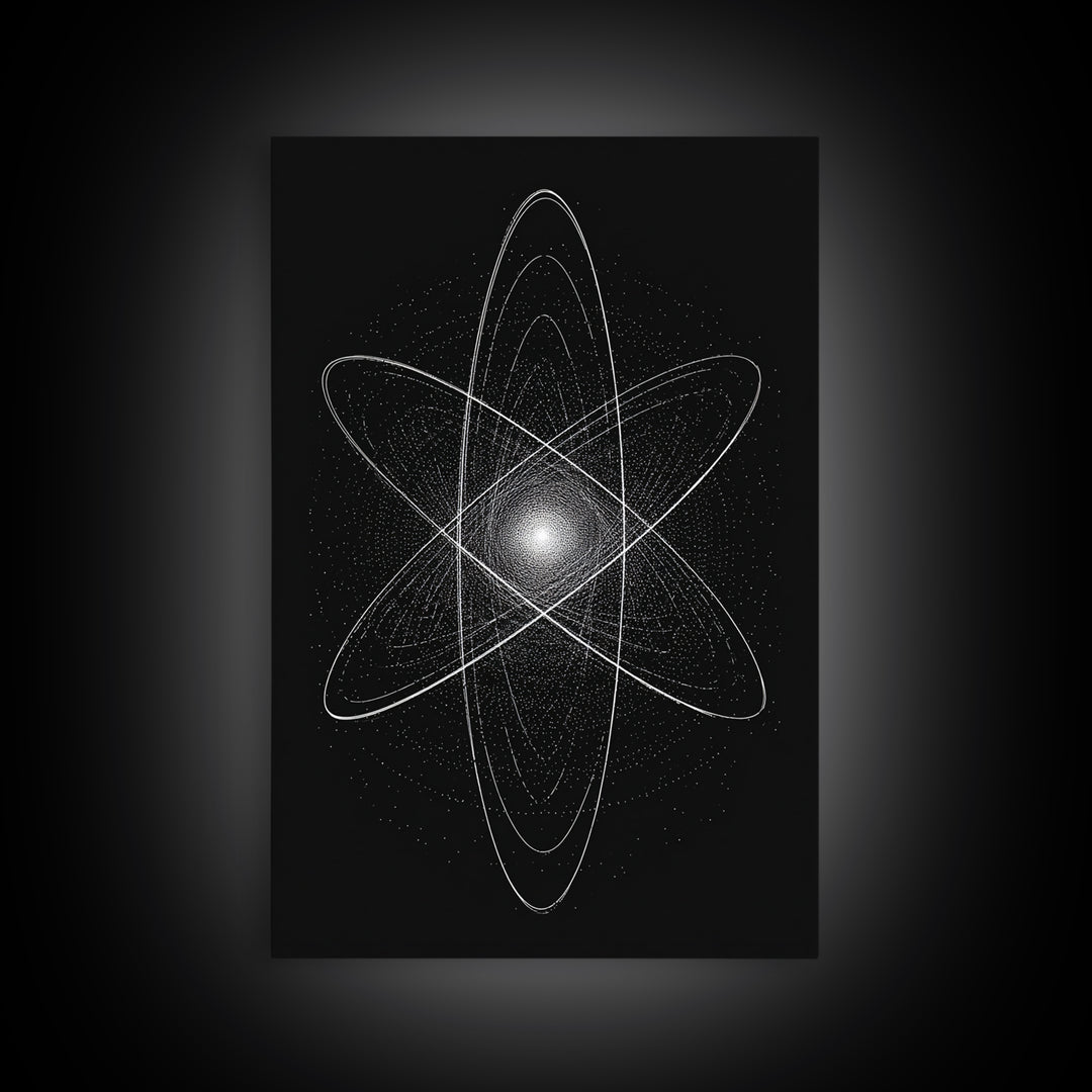 White Atomic Starburst On Black Framed Canvas Print, Modern Wall Art, Space Abstract Art, Science Poster For Home Office
