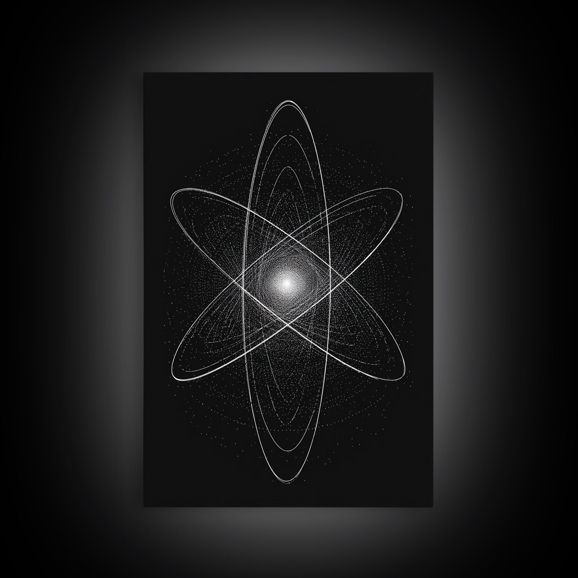 White Atomic Starburst On Black Framed Canvas Print, Modern Wall Art, Space Abstract Art, Science Poster For Home Office