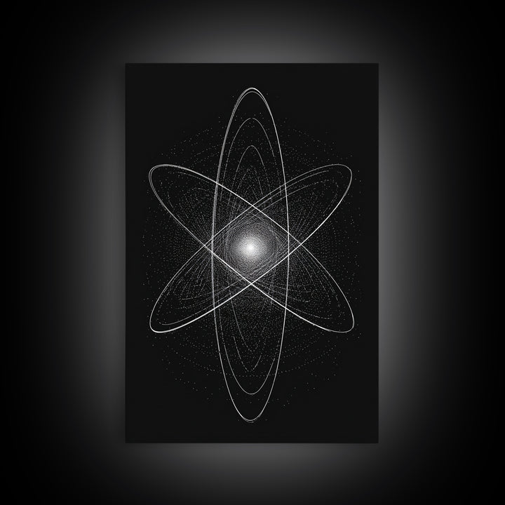White Atomic Starburst On Black Framed Canvas Print, Modern Wall Art, Space Abstract Art, Science Poster For Home Office