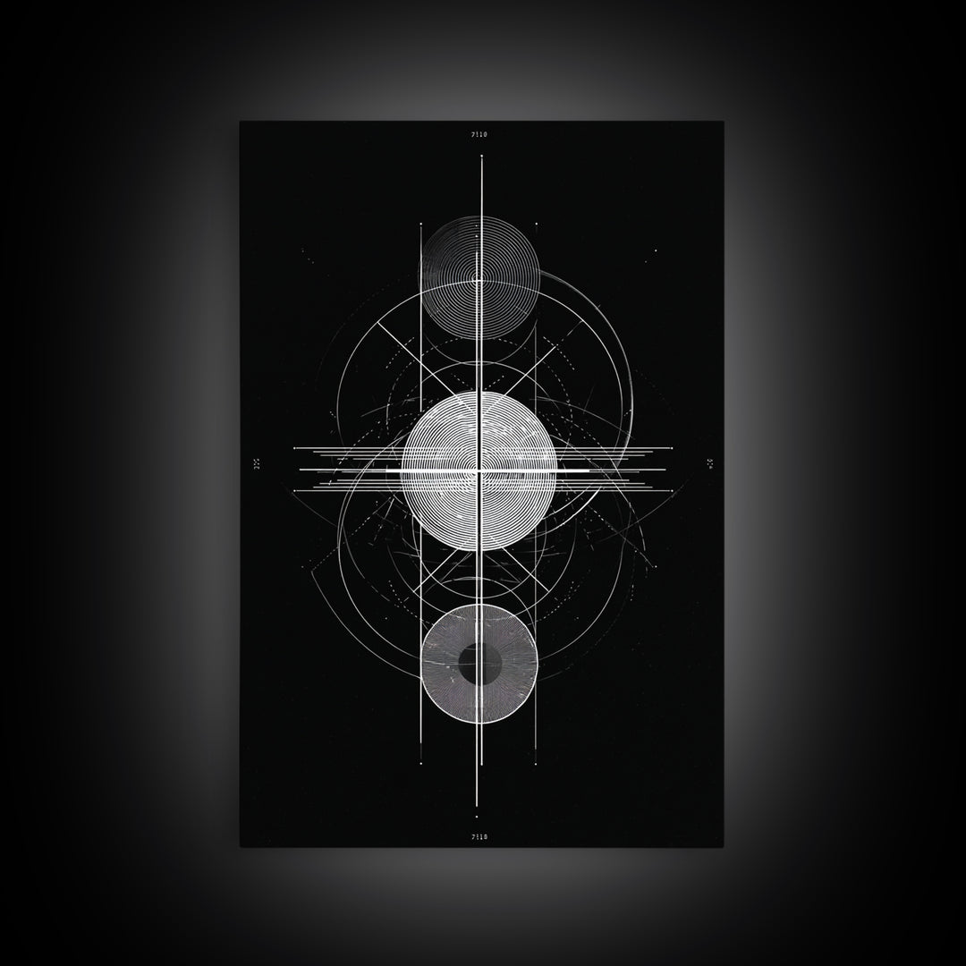 Monochrome Planet Alignment Diagram Wall Art, Modern Geometric Art Print, Midcentury Atomic Decor, Black Space Poster Print