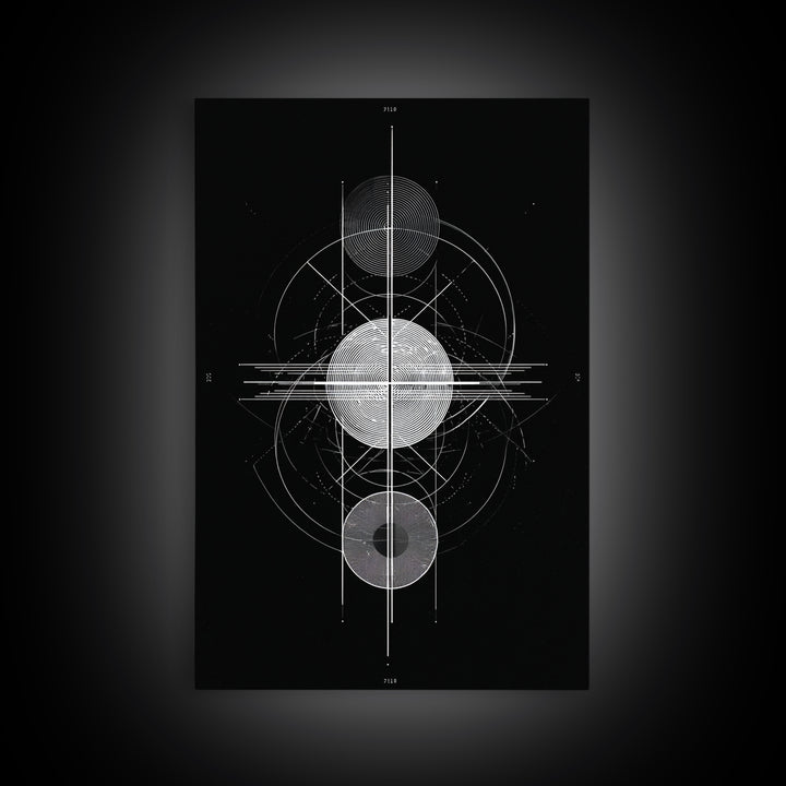 Monochrome Planet Alignment Diagram Wall Art, Modern Geometric Art Print, Midcentury Atomic Decor, Black Space Poster Print