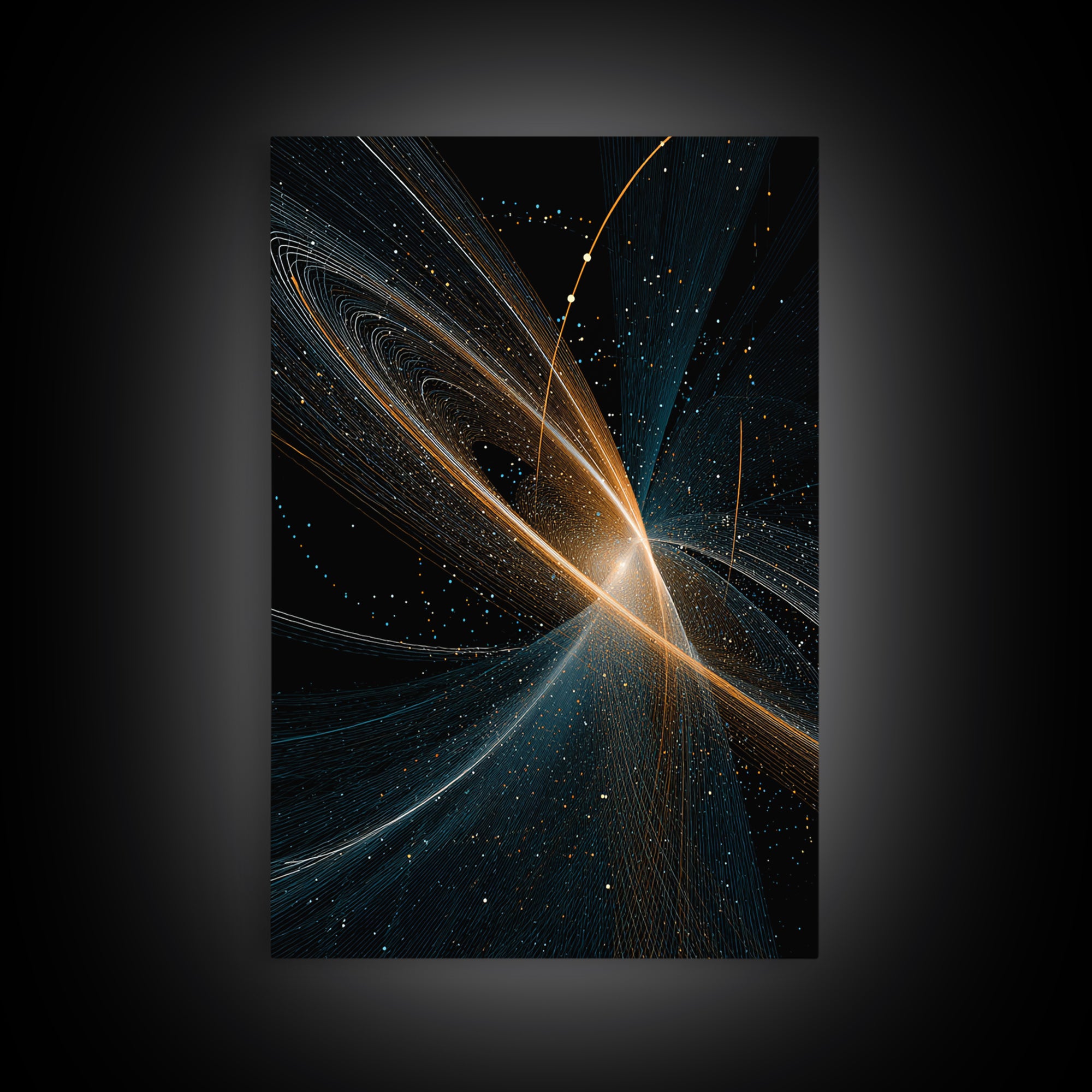 Gold And Blue Cosmic Light Trails Framed Canvas Print, Modern Abstract Wall Art, Space Decor, Large Sci Fi Retro Art Print