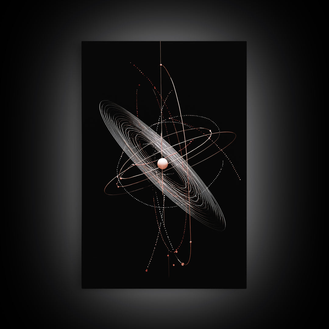 Black Ringed Planet Orbit Lines Canvas Print, Modern Geometric Wall Art, Atomic Retro Decor, Space Poster For Bedroom Decor