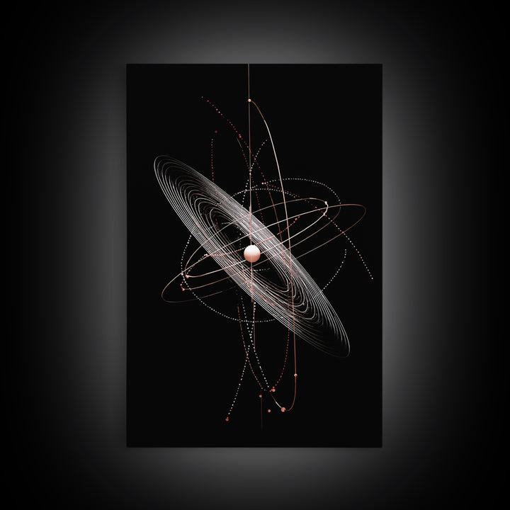 Black Ringed Planet Orbit Lines Canvas Print, Modern Geometric Wall Art, Atomic Retro Decor, Space Poster For Bedroom Decor