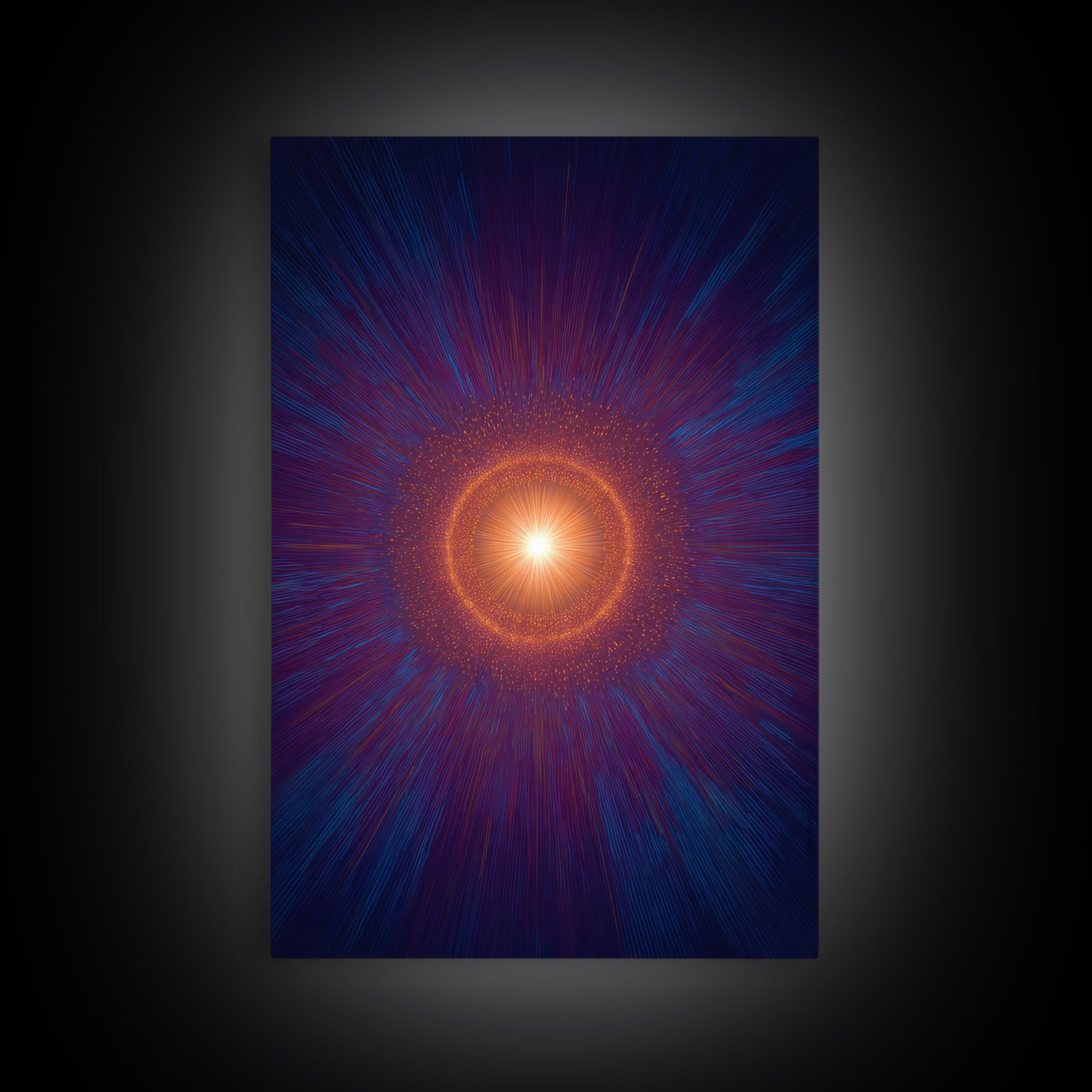 Radiant Orange Cosmic Halo With Blue Purple Rays Wall Art, Midcentury Modern Art, Abstract Space Poster, Mcm Wall Decor Print