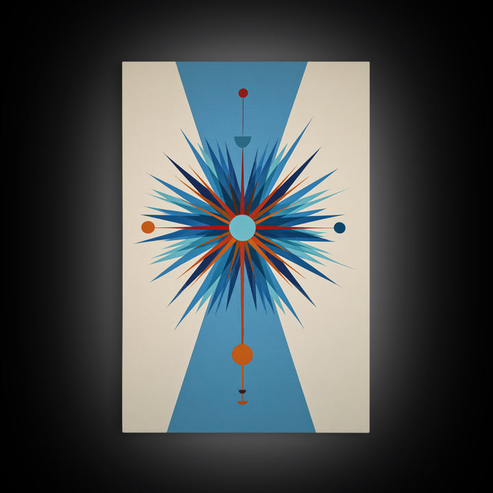 Blue Orange Atomic Starburst On Beige Canvas Print, Midcentury Modern Art, Geometric Wall Art, Retro Mcm Home Decor, 50s Art Print