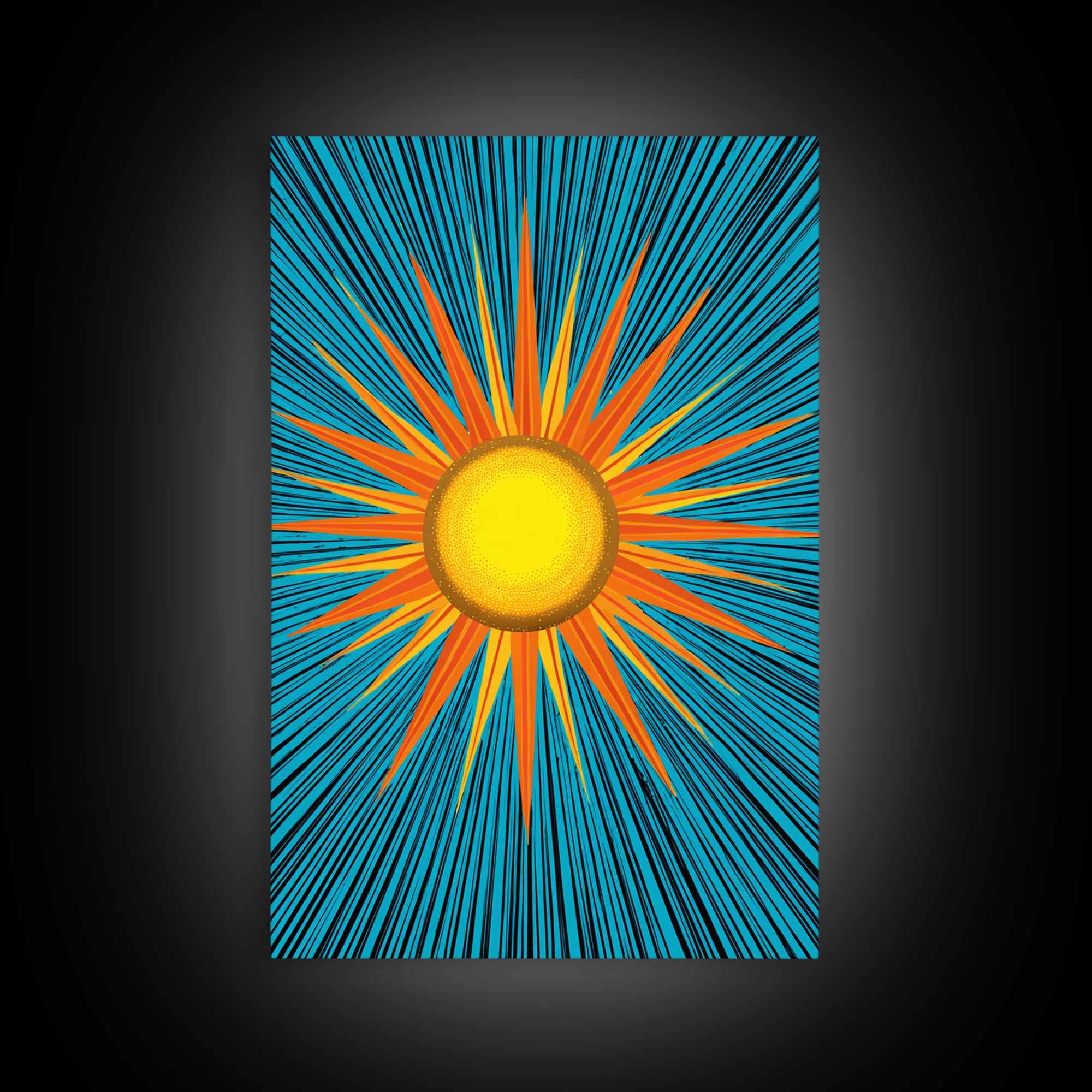 Bright Yellow Sunburst With Turquoise Rays Wall Art, Midcentury Sun, Modern Abstract Art, Retro Pop Art Poster Print, Living Room Decor